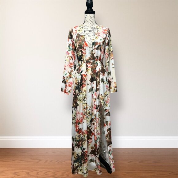 New PrettyLittleThing White Brown Floral V-Neck Maxi Dress Long Sleeve Slit Boho - Picture 4 of 6